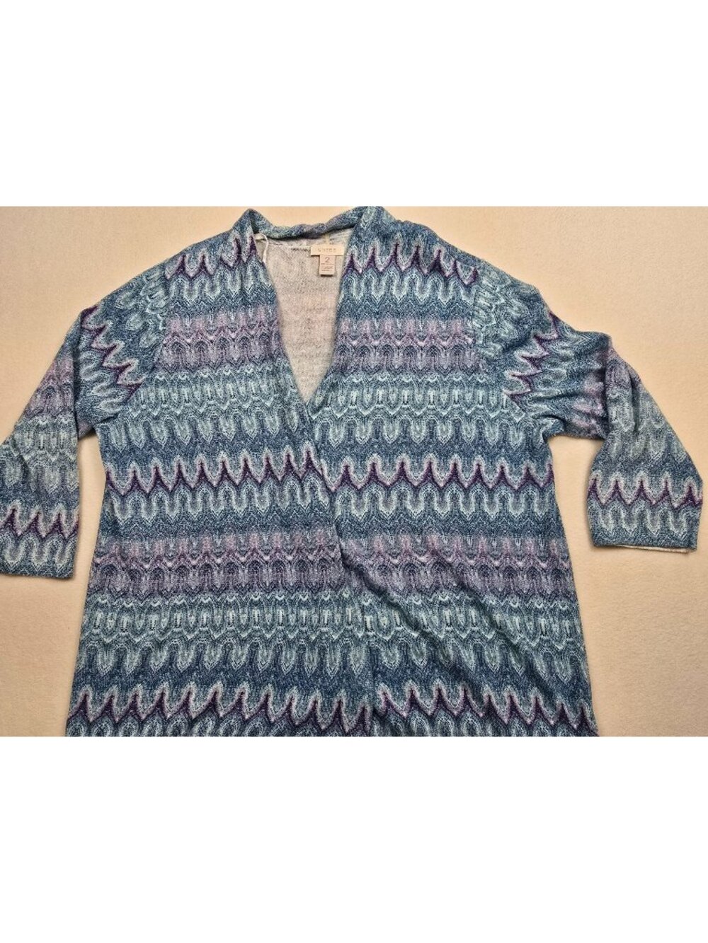 Chicos Size 2 Large Open Front Cardigan Sweater Blue Purple Metallic Zigzag